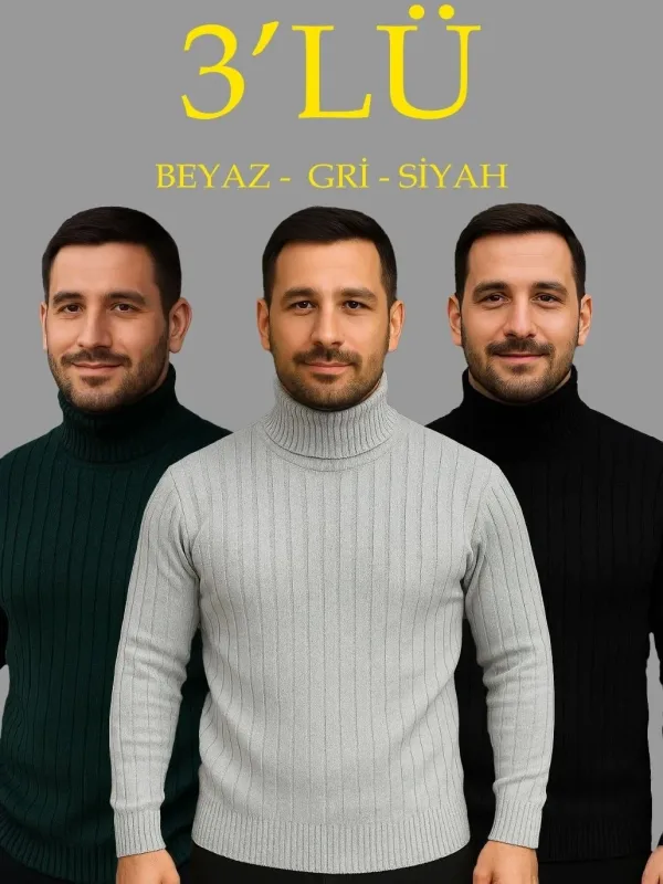 Men's 3-Piece Set Ribbed Full Turtleneck Knit Sweater 1