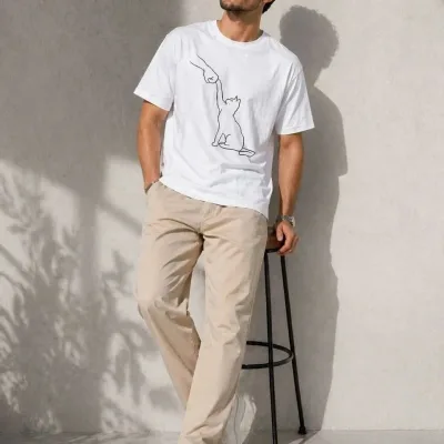 Men's White Oversize Cat Printed Short Sleeve T-Shirt 3