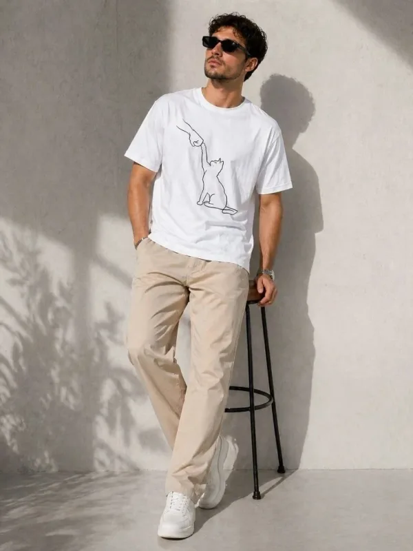 Men's White Oversize Cat Printed Short Sleeve T-Shirt 3