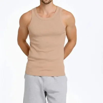 Машки беж Slim Fit нула јака заден печатен ребрест поткошула 4