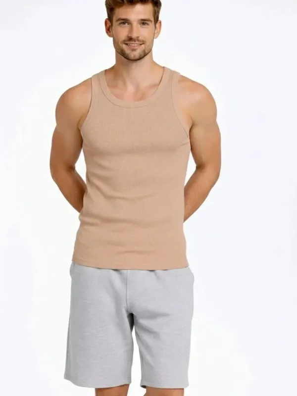 Машки беж Slim Fit нула јака заден печатен ребрест поткошула 4