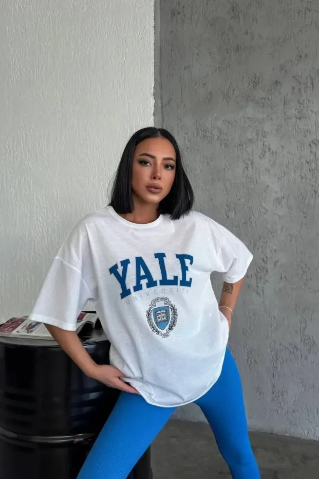 Kadın Beyaz Oversize Bisiklet Yaka Baskılı Pamuklu Tişört 1
