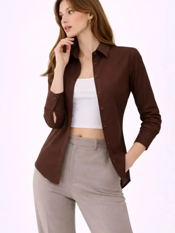 Women's Brown Classic Collar Buttoned Long Sleeve Daily Office Shirt 1