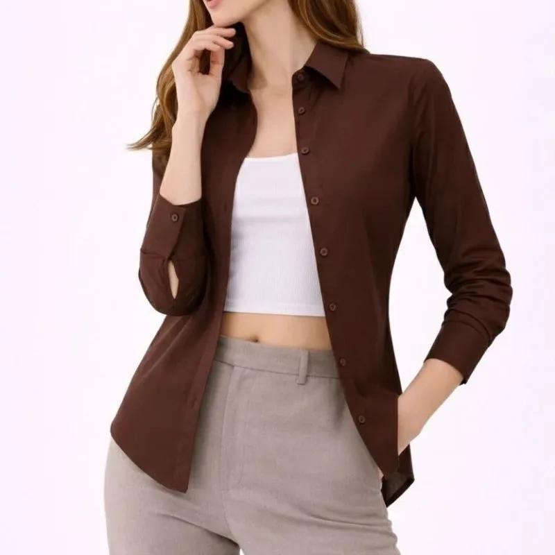 Women's Brown Classic Collar Buttoned Long Sleeve Daily Office Shirt