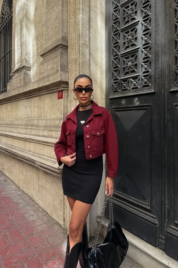 Çift Cep Denim Crop Ceket Bordo 3
