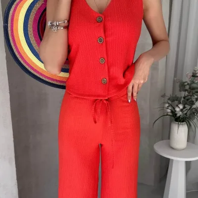 Set sa visokim strukom udobnih pantalona i prslukom bez rukava - Narandžasta 4
