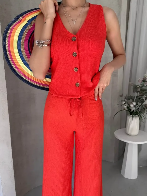 Set sa visokim strukom udobnih pantalona i prslukom bez rukava - Narandžasta 4