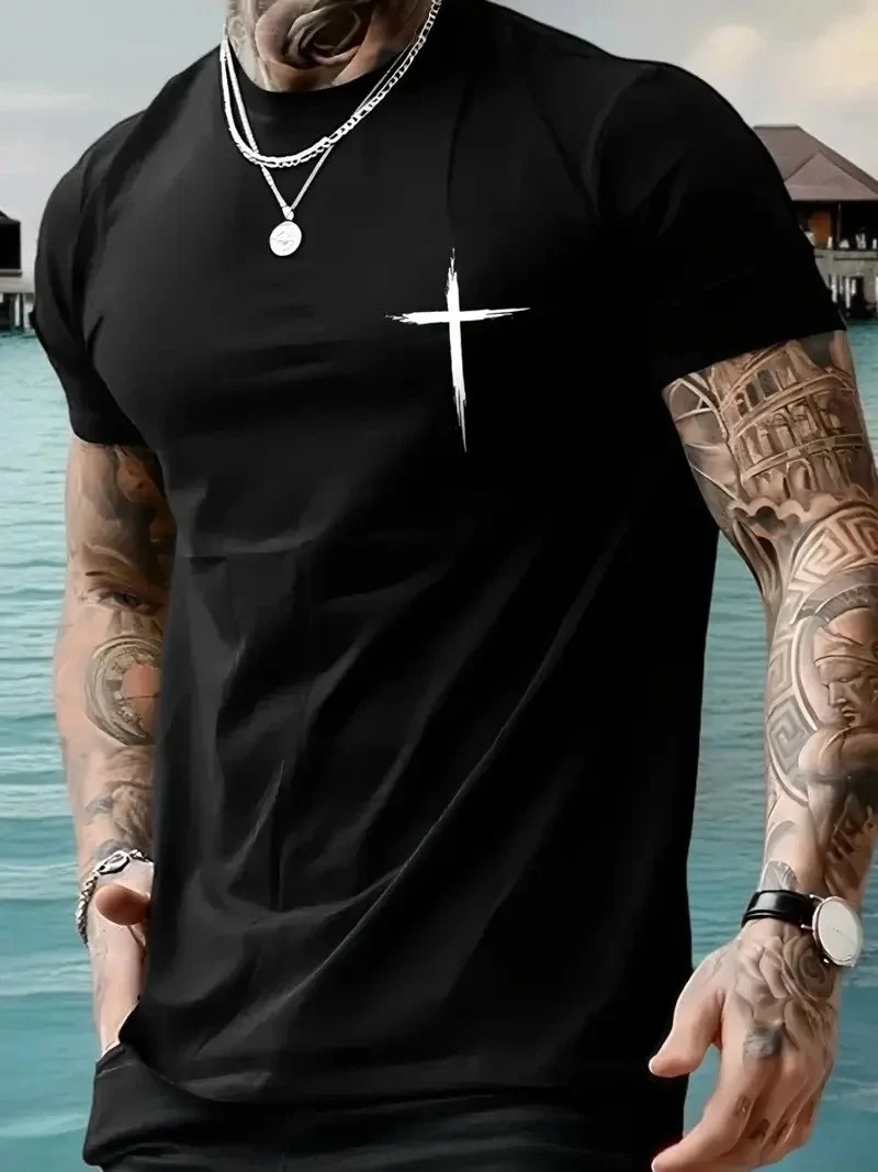 Bluzë për meshkuj, e zezë, jakë biçiklete, oversize, me printim, verore