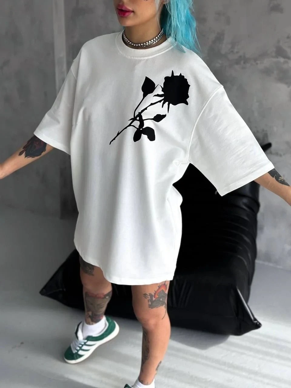 Women's White Oversize Crew Neck Printed Short Sleeve T-Shirt