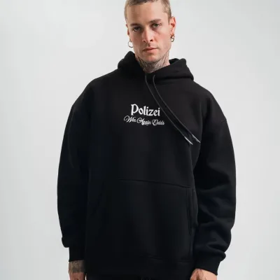 Sweatshirtê Mêran ê Reş Oversize 3 Têl Pembû Bi Kapek û Çapkirî 1