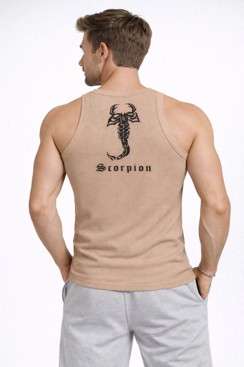 Erkek Bej Slim Fit Sıfır Yaka Arka Baskılı Fitilli Atlet