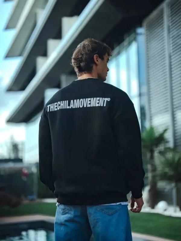 Muški crni oversize bicikli kragna 3 pređe pamučni štampani sweatshirt 2