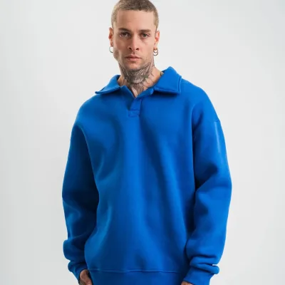 Kişi Göy Oversize 3 İplik Pambıqlı Açıq Yaxalı Sviter 3