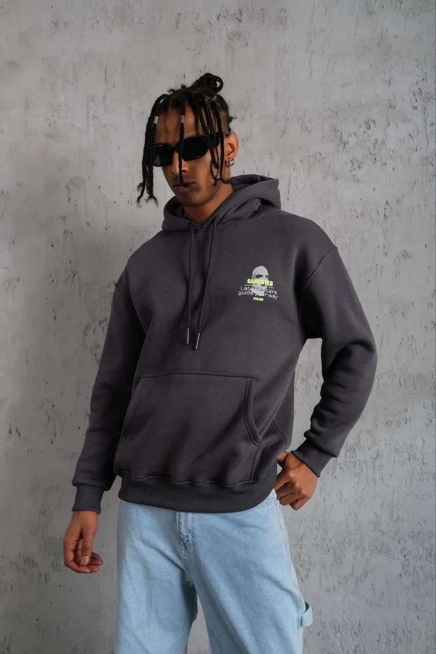 Burrë Gri 3 Fije Pambuk Printim Kapuç Sweatshirt 2