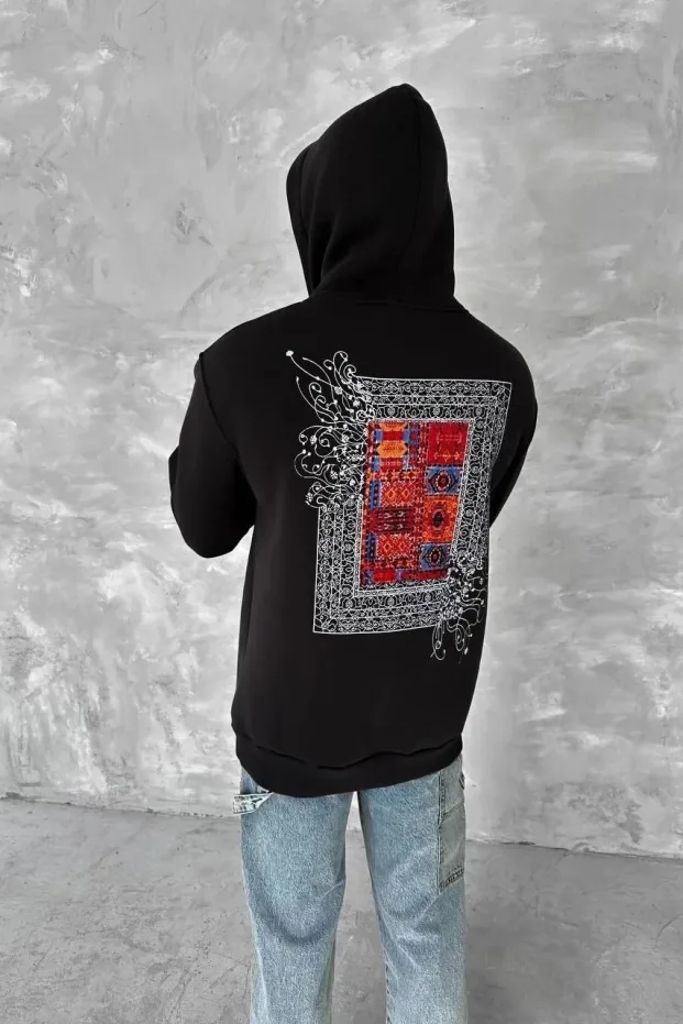 Mêr Reş 3 Têl Pembeyî Çapkirî Kapûşonî Kangurû Cêbî Sweatshirt 2