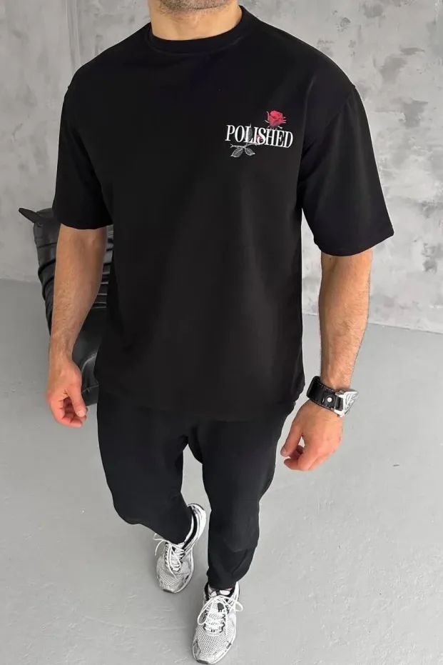 Fekete Oversize Kerékpárnyakú Nyomott Nyári Póló 1