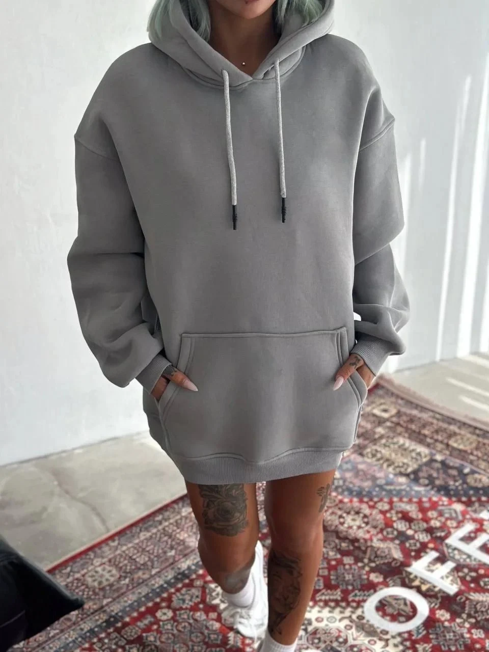 Damski Malowany Szary Oversize 3-nitkowy Bawełniany Kangur Kieszeń Hoodie