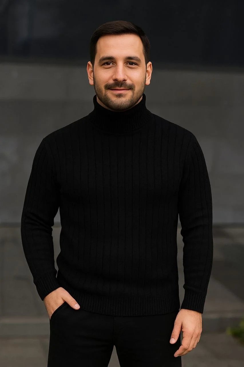 Erkek Siyah Kalın Fitilli Tam Boğazlı Balıkçı Yaka Triko Kazak