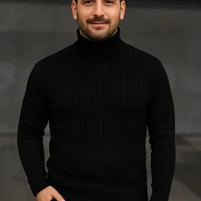 Pánský černý silný žebrovaný rolák svetr 1
