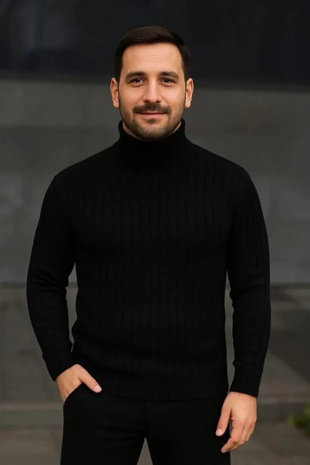 Erkek Siyah Kalın Fitilli Tam Boğazlı Balıkçı Yaka Triko Kazak 1