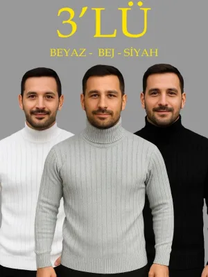 Pánská bílá, šedá, černá žebrovaná roláková pletená sada 3 svetrů