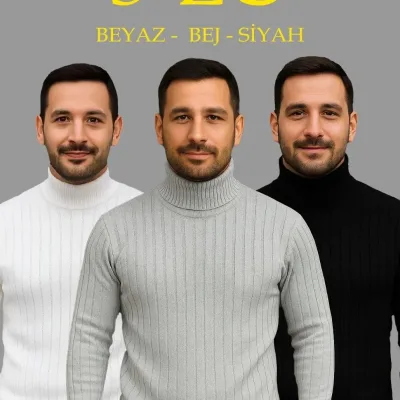 Pánská bílá, šedá, černá žebrovaná roláková pletená sada 3 svetrů 1