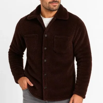Men's Brown Plush Polar Shirt Collar Buttoned with Pockets Cardigan 1