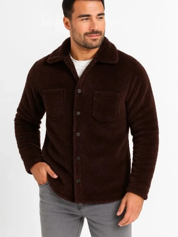 Men's Brown Plush Polar Shirt Collar Buttoned with Pockets Cardigan 1