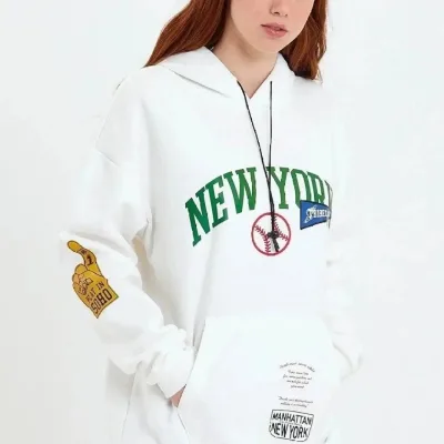 Dámsky biely oversize kapucňový predný rukáv potlačený bavlnený sweatshirt 2