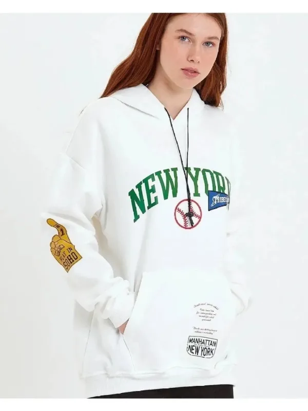 Dámsky biely oversize kapucňový predný rukáv potlačený bavlnený sweatshirt 2