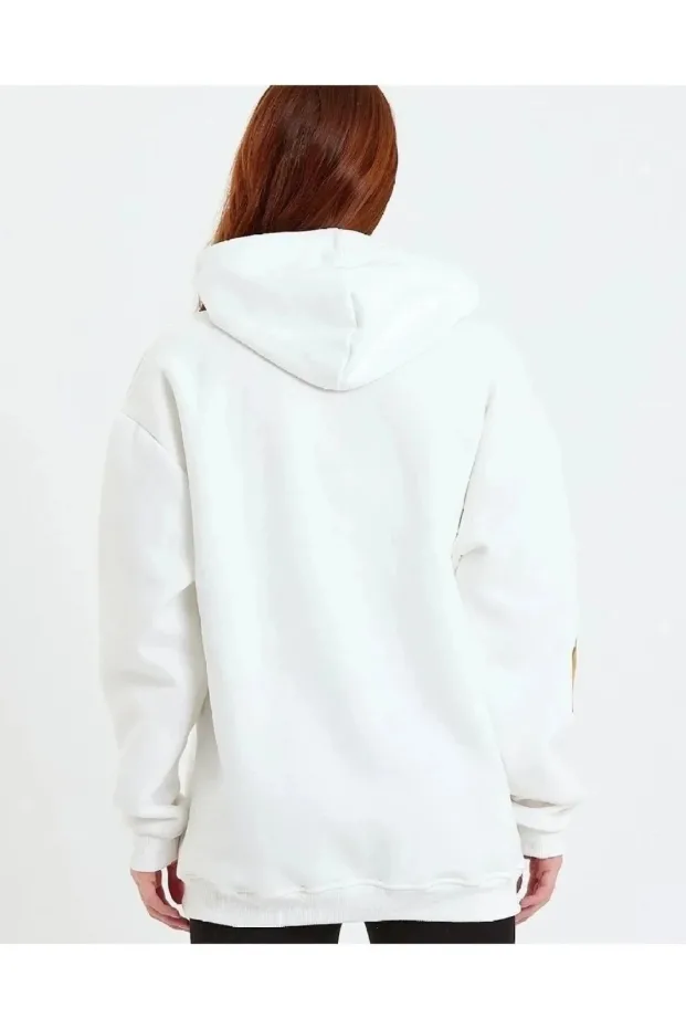 Kadın Beyaz Oversize Kapüşonlu Ön Kol Baskılı Pamuklu Sweatshirt 4