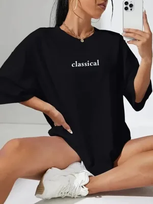 Dámske čierne úpletové tričko s potlačou, krátky rukáv
