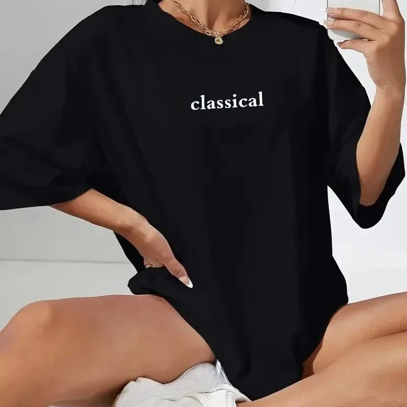 Damski Czarny Penye Nadruk Krótki Rękaw T-shirt
