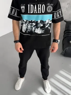 Bluzë për meshkuj, ngjyrë e zezë, me print, gjysmë zinxhir, mëngë të shkurtra