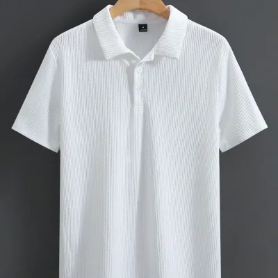 Ανδρικό Λευκό Πόλο Oversize Ριμπέ Ύφασμα 100% Βαμβακερό Φαρδιά Κόψη Λαιμόκοψη Ποδηλάτου 3