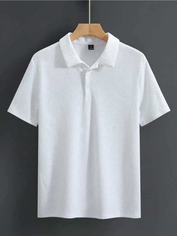 Ανδρικό Λευκό Πόλο Oversize Ριμπέ Ύφασμα 100% Βαμβακερό Φαρδιά Κόψη Λαιμόκοψη Ποδηλάτου 3