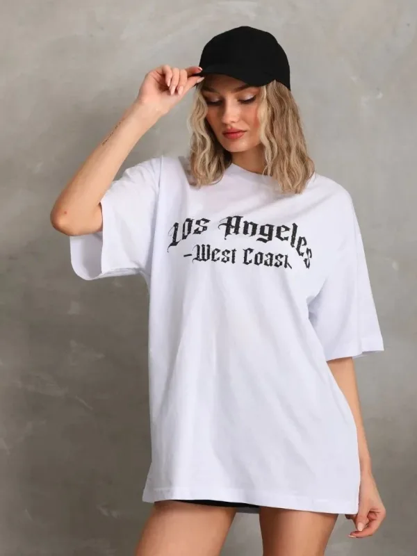 Γυναικείο Λευκό Oversize Στρογγυλό Λαιμό Τυπωμένο T-Shirt 1