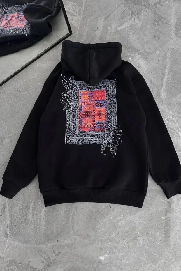 Mêr Reş 3 Têl Pembeyî Çapkirî Kapûşonî Kangurû Cêbî Sweatshirt 6