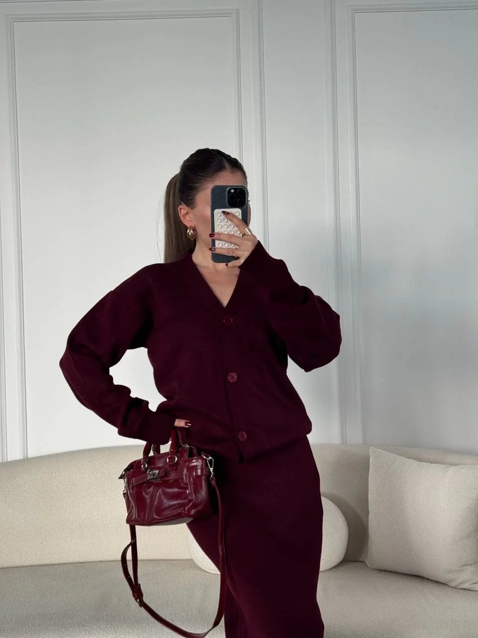 Kadın Bordo V Yaka 3 Düğmeli Triko Hırka Etekli Takım