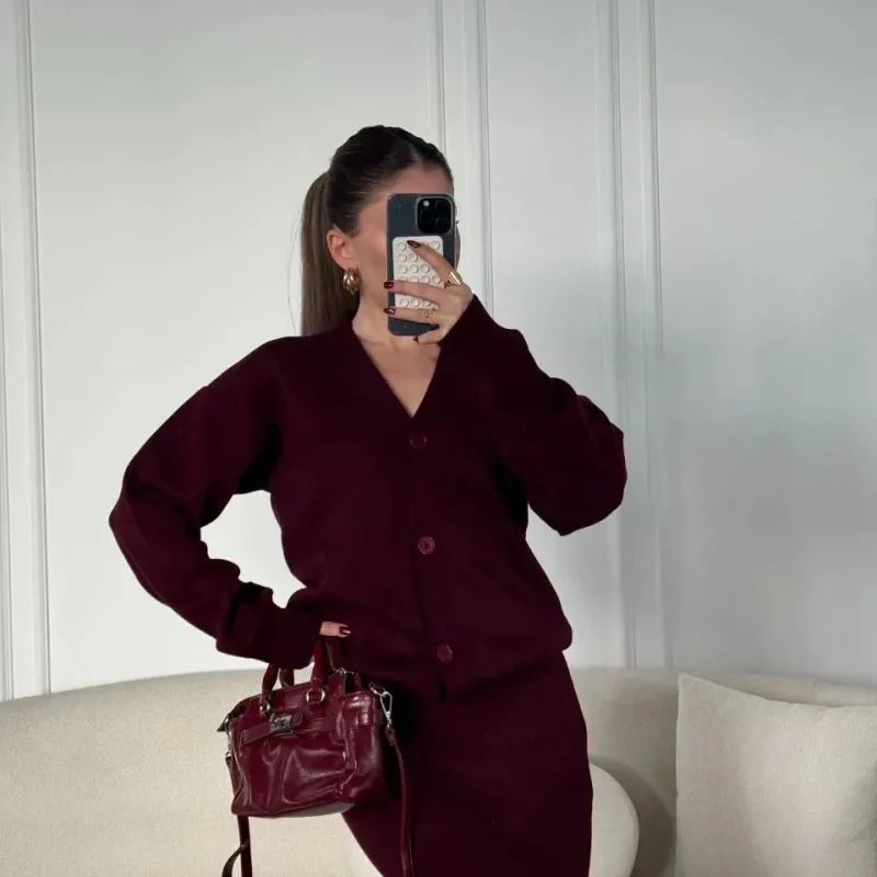 Women's Burgundy V-Neck 3-Button Knit Cardigan Skirt Set