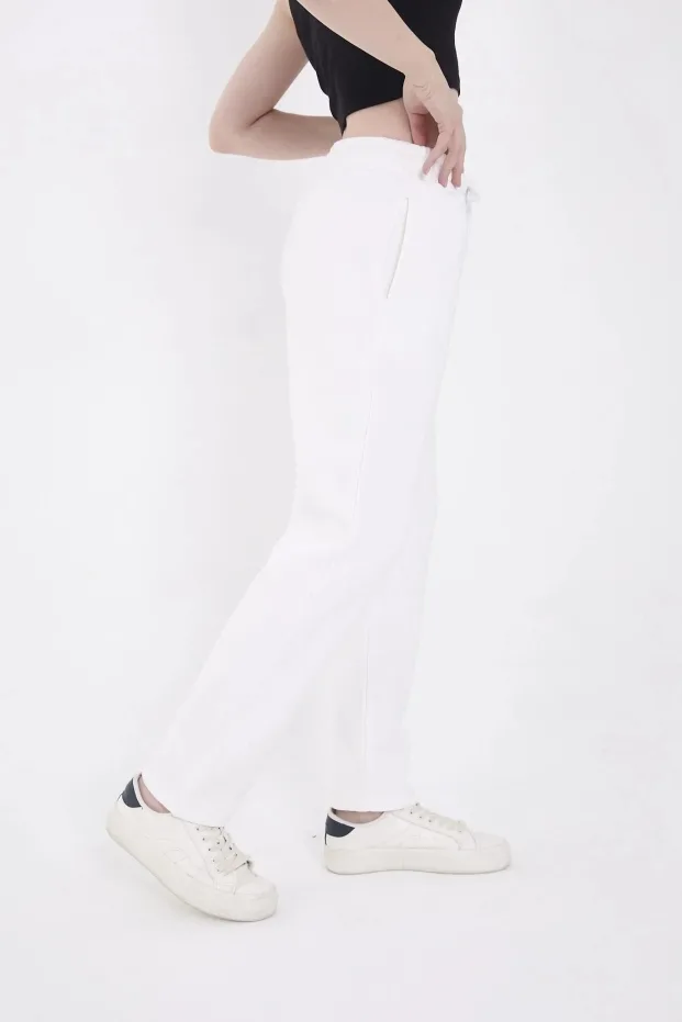Women's White Three-Thread Cotton Printed Elastic Cuff Sweatpants 2