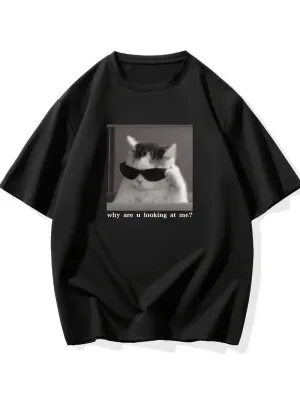 Машки црн смешен мачка принт oversize кратки ракави маица