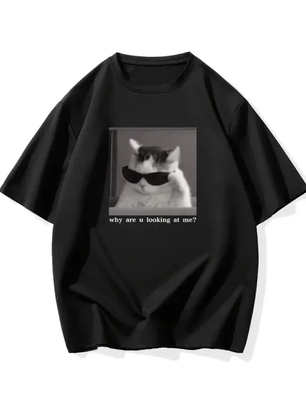 Машки црн смешен мачка принт oversize кратки ракави маица 1