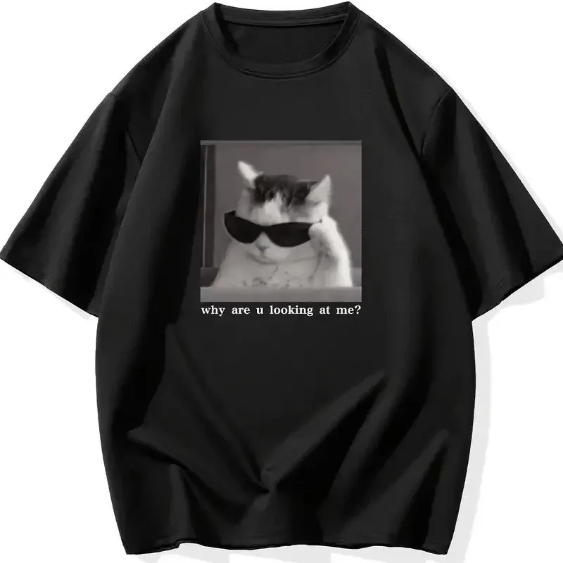 Bluzë për meshkuj të zinj oversized me mëngë të shkurtra dhe printim qesharak mace