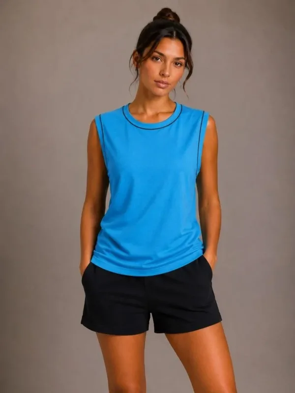 Women's Blue Contrast Binding Scoop Neck Basic Sleeveless Tank Top 1