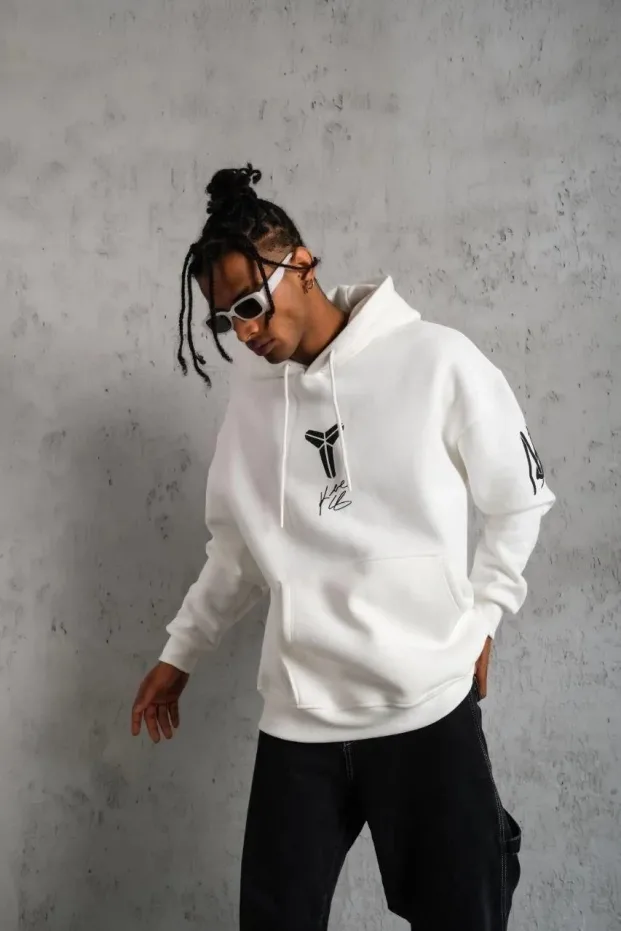 Bărbați Alb Oversize 3 Fire Bumbac Capușon Imprimat Sweatshirt 2