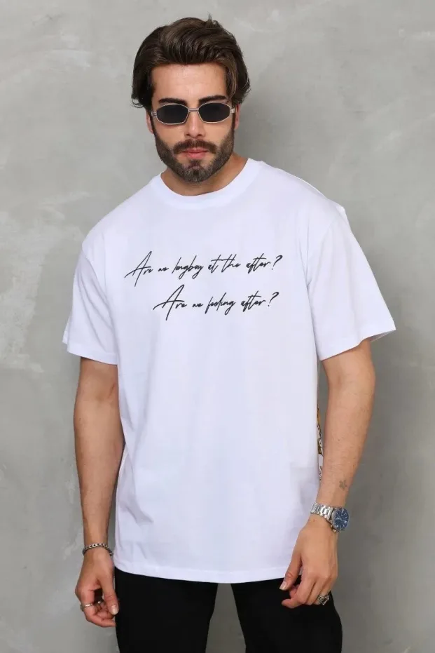 Muška bela oversized bicikli kragna štampana majica 3