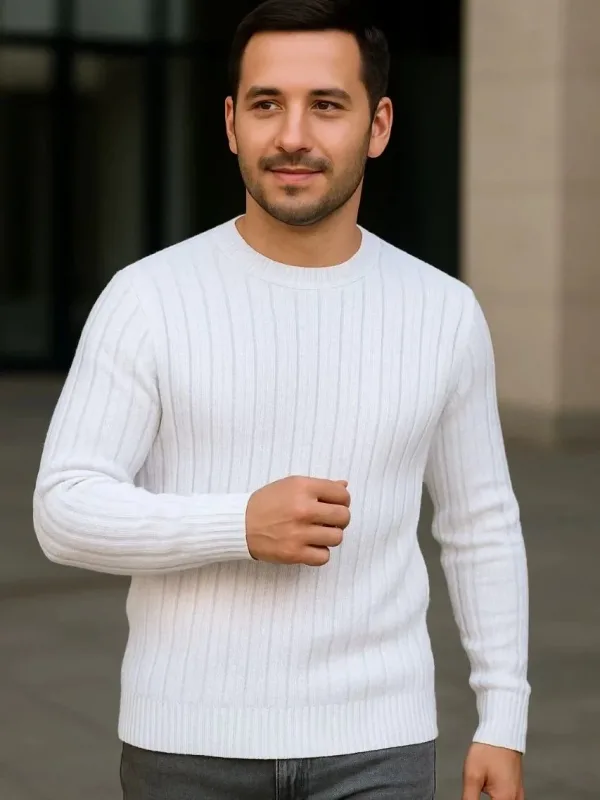 Men's White Bordeaux Black Ribbed Crew Neck Thick Knit Sweater Set 3