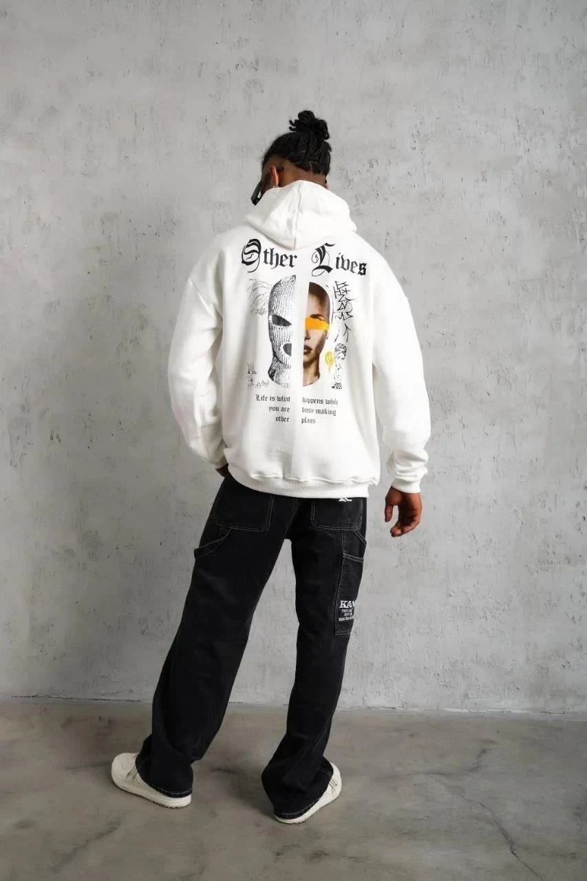 Muški bijeli 3-nitni pamučni kapuljačasti tiskani sweatshirt s klokan džepom