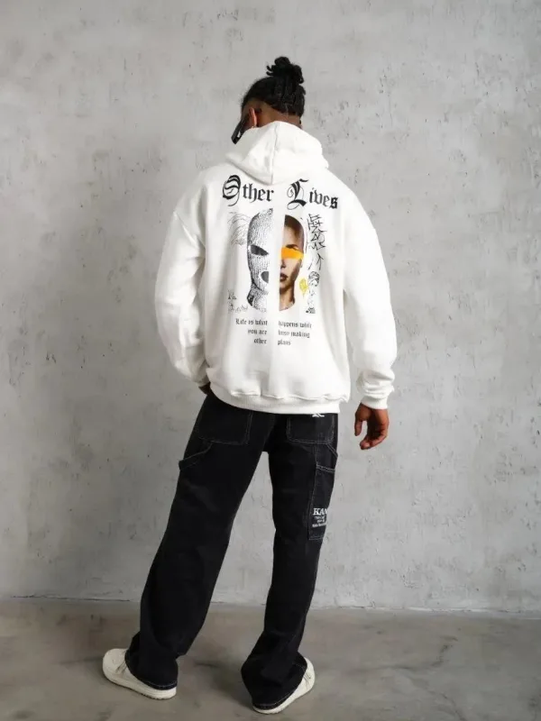 Muški bijeli 3-nitni pamučni kapuljačasti tiskani sweatshirt s klokan džepom 1